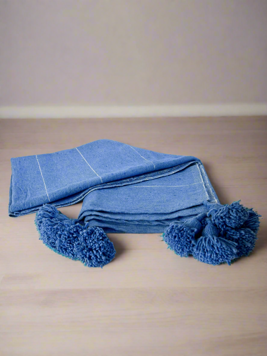 Light Blue Moroccan Pom Pom Blanket