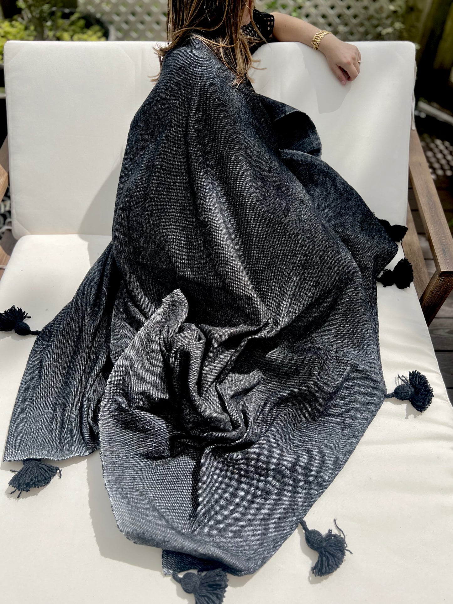 Gray and Black Moroccan Pom Pom Blanket