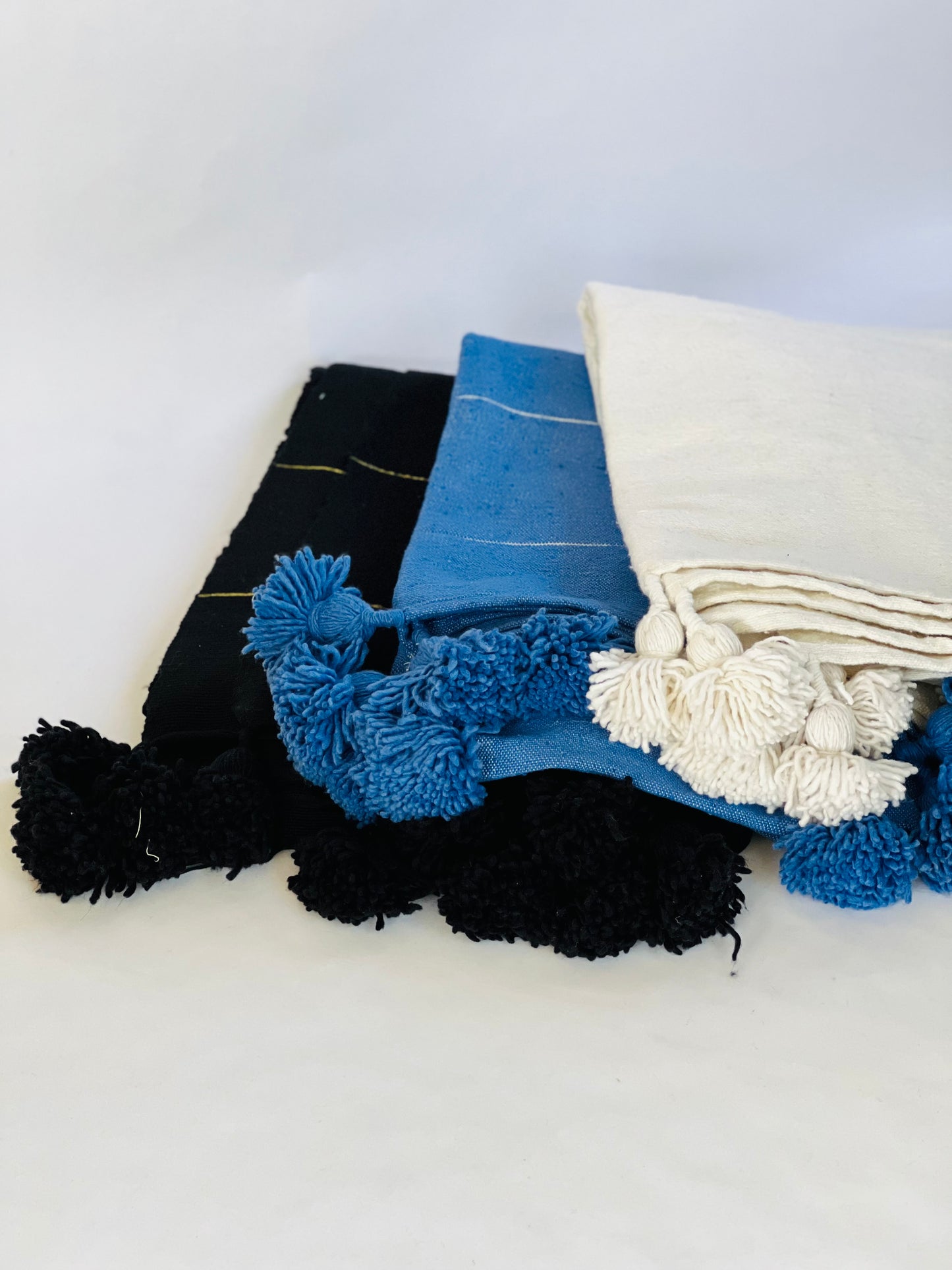 Light Blue Moroccan Pom Pom Blanket