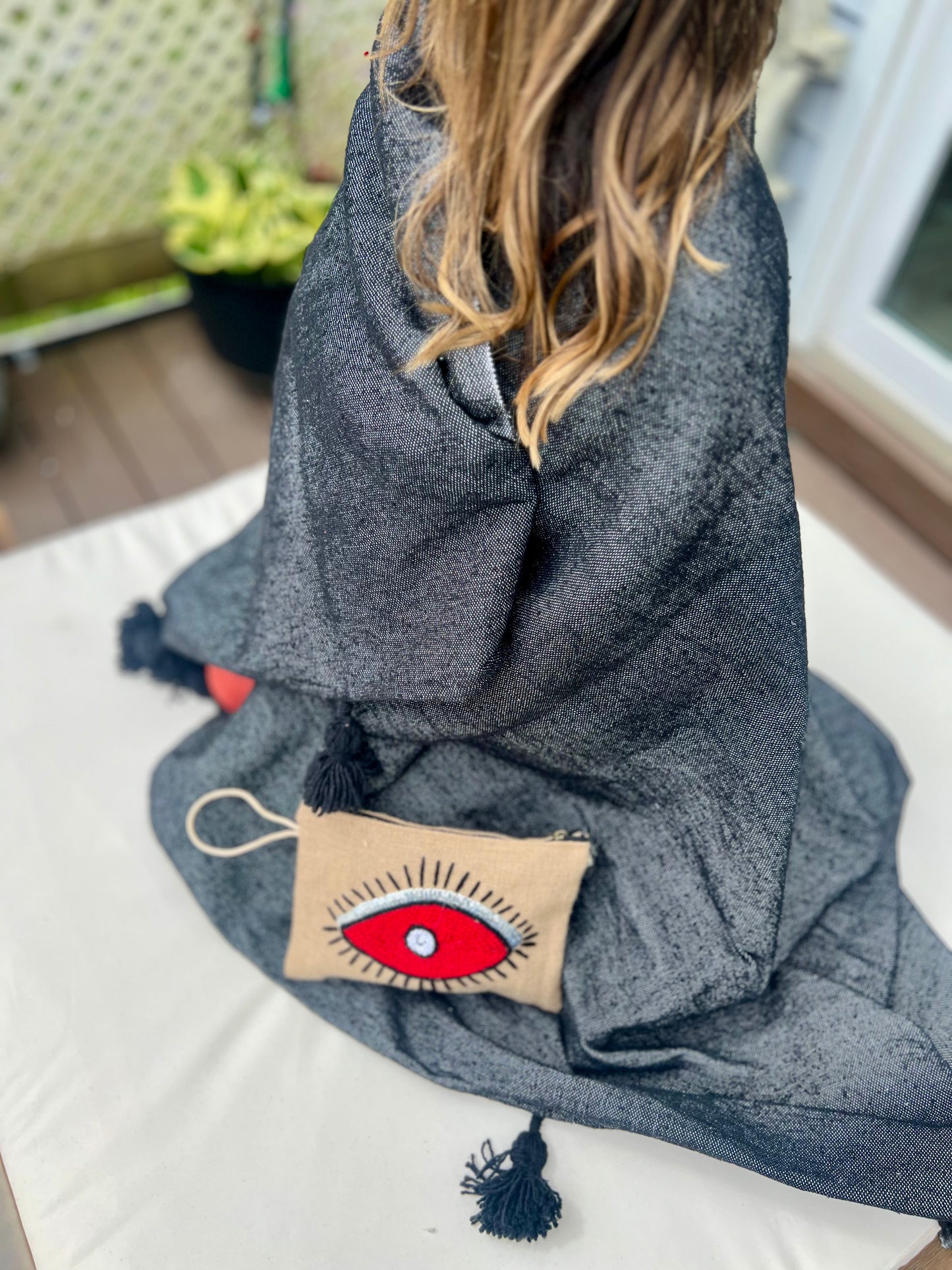 Burlap Orange “Evil Eye” Bag